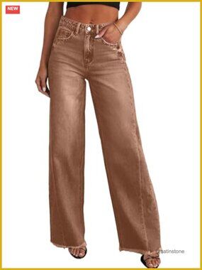 Wide Leg Raw Hem Denim Jeans High Waisted Stretchy Baggy Palazzo Pants